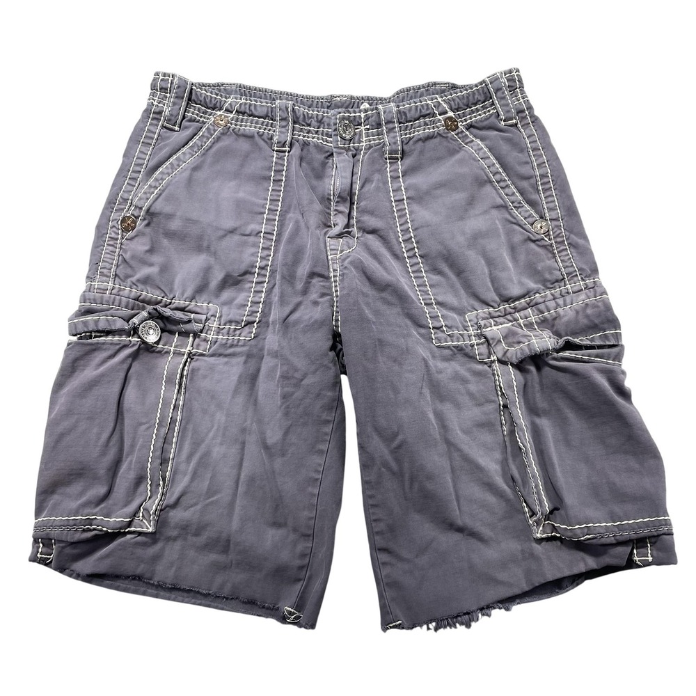 True Religion Mens Super T Contrast Stitch Cargo Shorts Sz 34 Purple Cutoff RARE